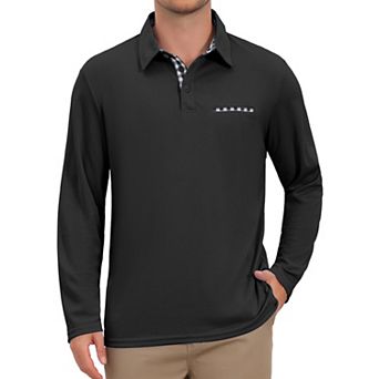 Men's Casual Contrast Collared Pocket Long Sleeves Polo Shirts