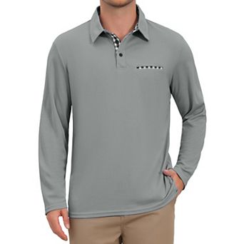 Men's Casual Contrast Collared Pocket Long Sleeves Polo Shirts