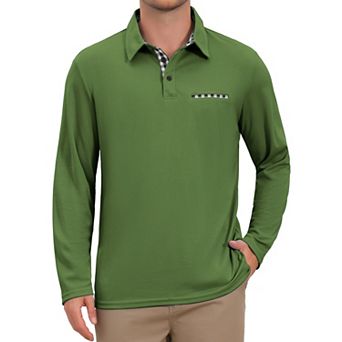 Men's Casual Contrast Collared Pocket Long Sleeves Polo Shirts