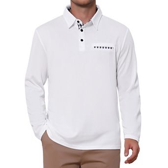 Men's Casual Contrast Collared Pocket Long Sleeves Polo Shirts
