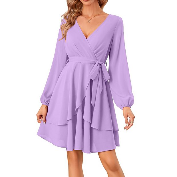 Women's Dress Deep V-Neck Long Sleeve Waist Tie Ruffle Mini Swing Skater  Dresses