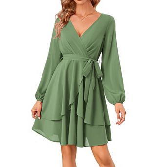 Women's Dress Deep V-Neck Long Sleeve Waist Tie Ruffle Mini Swing Skater Dresses