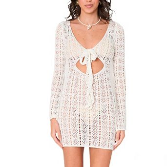 Women's Hollow Out Crochet Tie Front Swim Cover Up Mini Dress Bell Long Sleeve Beach Summer Dress