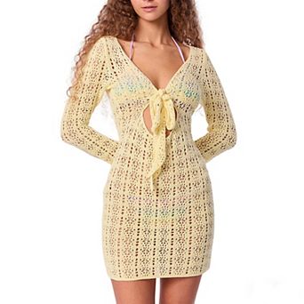 Women's Hollow Out Crochet Tie Front Swim Cover Up Mini Dress Bell Long Sleeve Beach Summer Dress