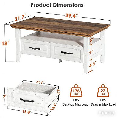 Farmhouse Coffee Table with Storage, Rustic Style, Durable Wood
