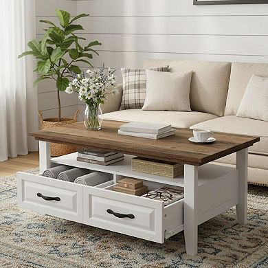 Farmhouse Coffee Table with Storage, Rustic Style, Durable Wood