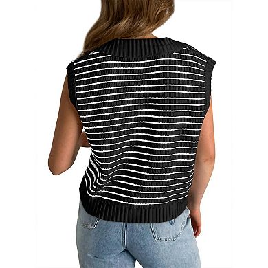 Women’s Polo Sweater Striped Collared Lightweight Sleeveless V Neck Pullover Spring Sweater Tops
