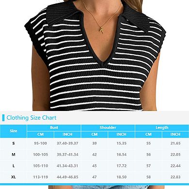 Women’s Polo Sweater Striped Collared Lightweight Sleeveless V Neck Pullover Spring Sweater Tops