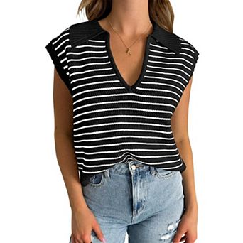 Women’s Polo Sweater Striped Collared Lightweight Sleeveless V Neck Pullover Spring Sweater Tops