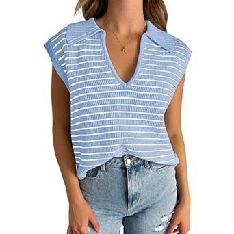 Women’s Polo Sweater Striped Collared Lightweight Sleeveless V Neck Pullover Spring Sweater Tops