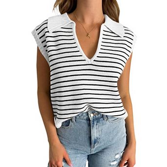Women’s Polo Sweater Striped Collared Lightweight Sleeveless V Neck Pullover Spring Sweater Tops