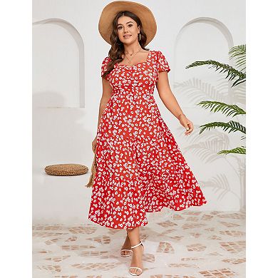 Women's Plus Size Short Sleeve Floral Dress with Pockets
