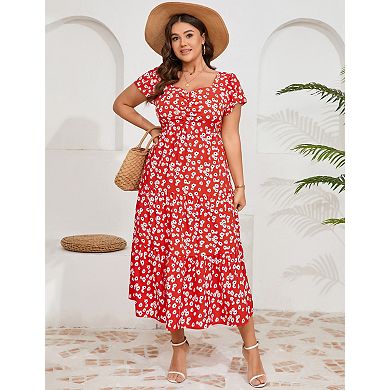Women's Plus Size Short Sleeve Floral Dress with Pockets