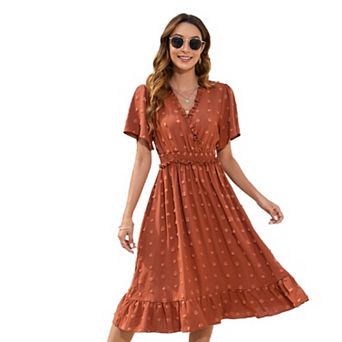 Womens V Neck Dress Short Sleeve Casual Spring Summer Flowy Beach Vacation Midi Dresses