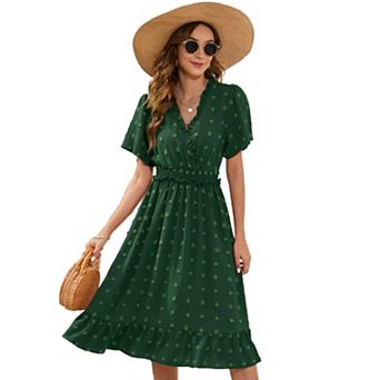 Womens V Neck Dress Short Sleeve Casual Spring Summer Flowy Beach Vacation Midi Dresses