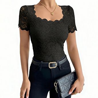 Women's Floral Lace Short Sleeve Top Scalloped Neck Fitted Sheer Lace Casual Blouse