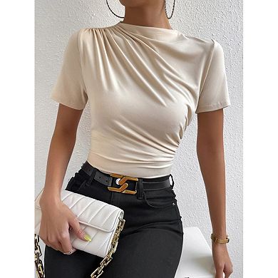 Women's Ruched Mock Neck T Shirt Short Sleeve Fitted Summer Basic Tops