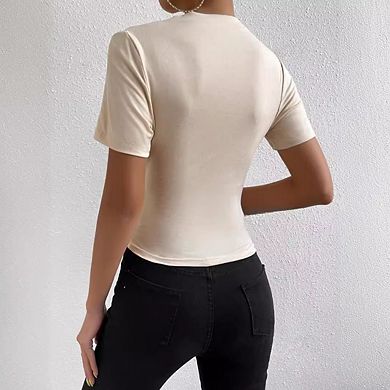 Women's Ruched Mock Neck T Shirt Short Sleeve Fitted Summer Basic Tops