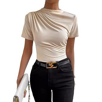 Women's Ruched Mock Neck T Shirt Short Sleeve Fitted Summer Basic Tops