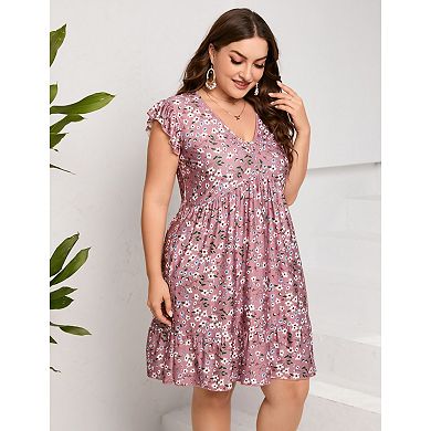 Women's Plus Size Boho Mini Dress Summer V-neck Flutter Sleeve Short Floral Dress