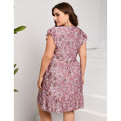 Women's Plus Size Boho Mini Dress Summer V-neck Flutter Sleeve Short Floral Dress
