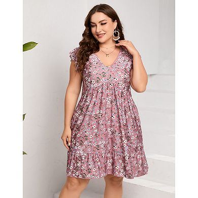 Women's Plus Size Boho Mini Dress Summer V-neck Flutter Sleeve Short Floral Dress