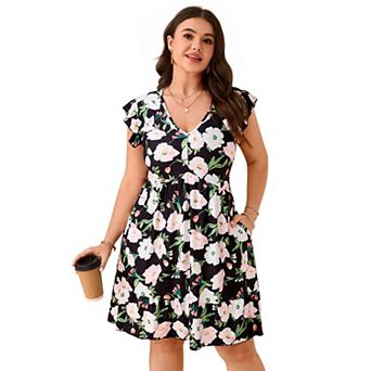 Women's Plus Size Boho Mini Dress Summer V-neck Flutter Sleeve Short Floral Dress