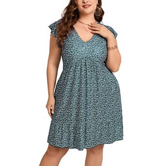 Women's Plus Size Boho Mini Dress Summer V-neck Flutter Sleeve Short Floral Dress