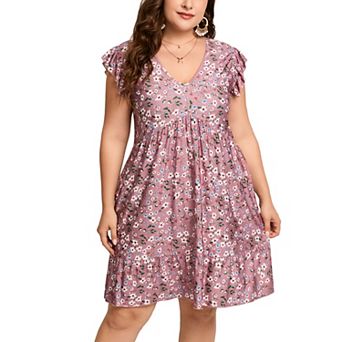 Women's Plus Size Boho Mini Dress Summer V-neck Flutter Sleeve Short Floral Dress