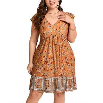Women's Plus Size Boho Mini Dress Summer V-neck Flutter Sleeve Short Floral Dress