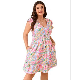 Women's Plus Size Boho Mini Dress Summer V-neck Flutter Sleeve Short Floral Dress