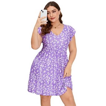 Women's Plus Size Boho Mini Dress Summer V-neck Flutter Sleeve Short Floral Dress