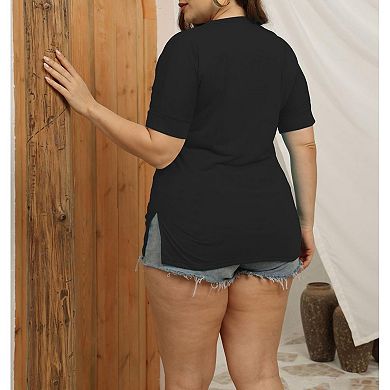 Women's Plus Size Solid V-Neck Short Sleeve Tee Casual Loose Fit Basic T-Shirt