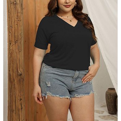 Women's Plus Size Solid V-Neck Short Sleeve Tee Casual Loose Fit Basic T-Shirt
