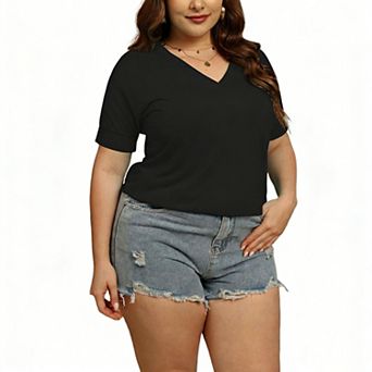 Women's Plus Size Solid V-Neck Short Sleeve Tee Casual Loose Fit Basic T-Shirt