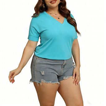 Women's Plus Size Solid V-Neck Short Sleeve Tee Casual Loose Fit Basic T-Shirt