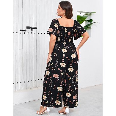 Women's Plus Size Square Neckline And Short Sleeves Jumpsuit Romper