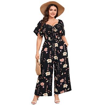 Women's Plus Size Square Neckline And Short Sleeves Jumpsuit Romper