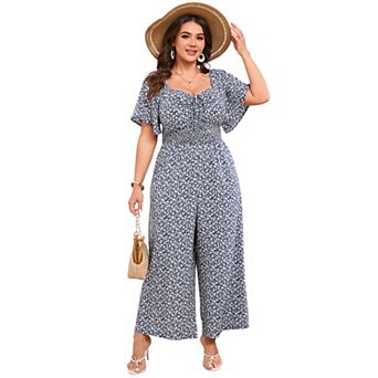 Women's Plus Size Square Neckline And Short Sleeves Jumpsuit Romper