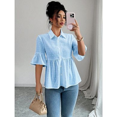 Women's Half Sleeve Ruffle Button Top Summer Solid Color Flared Sleeve Casual Blouse Shirt