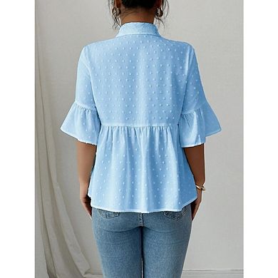 Women's Half Sleeve Ruffle Button Top Summer Solid Color Flared Sleeve Casual Blouse Shirt