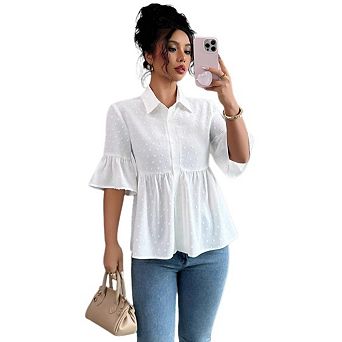 Women's Half Sleeve Ruffle Button Top Summer Solid Color Flared Sleeve Casual Blouse Shirt