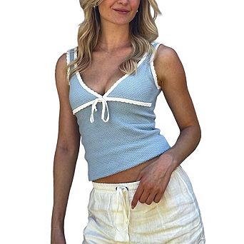Women's V Neck Sleeveless Backless Crop Tank Top Bow Color Block Rib Knit Top
