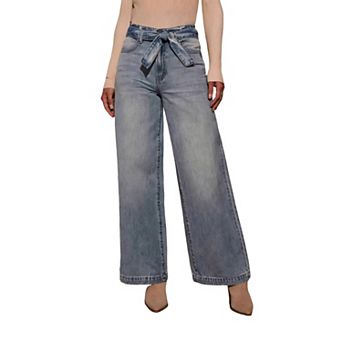 Women Wide Leg Jeans with Tie Front Belt High Waisted Casual Loose Fit Pockets Everyday Wear