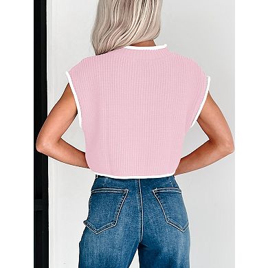 Womens High Neck Color Contrast Crop Sweater Cap Sleeve Lightweight Summer Rib Knit Pullover Tops