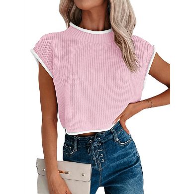 Womens High Neck Color Contrast Crop Sweater Cap Sleeve Lightweight Summer Rib Knit Pullover Tops