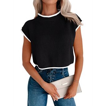 Womens High Neck Color Contrast Crop Sweater Cap Sleeve Lightweight Summer Rib Knit Pullover Tops