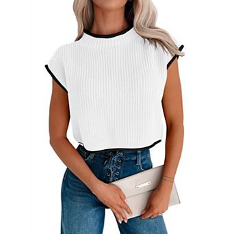 Womens High Neck Color Contrast Crop Sweater Cap Sleeve Lightweight Summer Rib Knit Pullover Tops