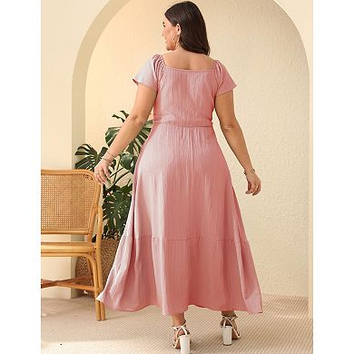 Women's Plus Size Flowy Maxi Dress Summer Flutter Sleeve Square Neck Ankle Length Dress