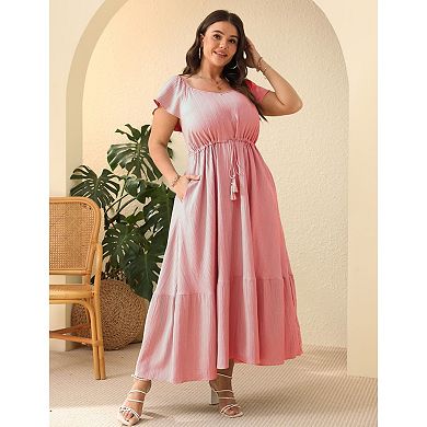 Women's Plus Size Flowy Maxi Dress Summer Flutter Sleeve Square Neck Ankle Length Dress